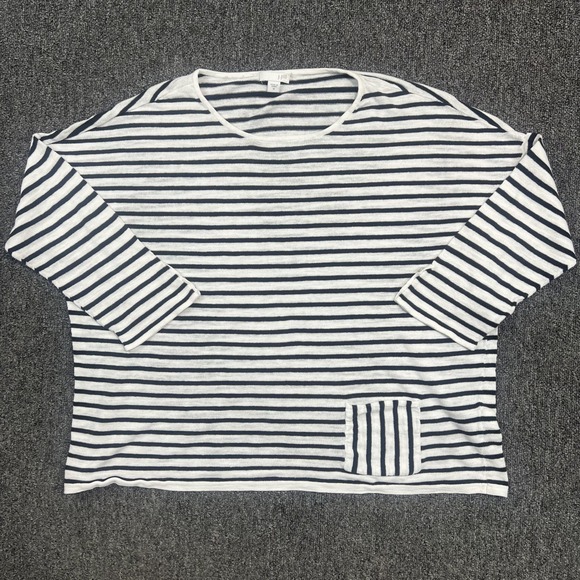 J. Jill Coastal Stripe Linen Cotton Knit Sweater M Navy White Boxy Boat Neck — photo 2